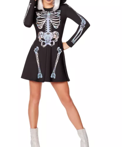 Skeleton dress with hood Halloween Skjelettkjole str XL