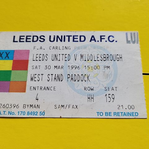 Leeds-Middlesbrough billett 30mars 1996