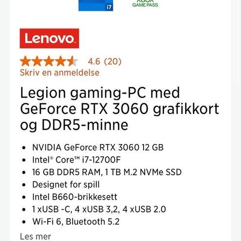 LEGION GAMING PC +Skjerm 240 hz med Geforce 3060