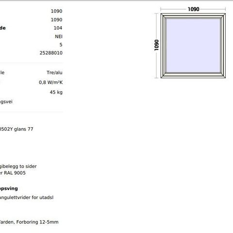 Selger 5 stykk 110x110 vindu fra Gilje med U-0,8 og toppsving