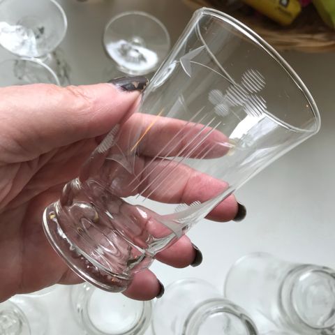 Vakre vintage glass med gravert mønster. Hadeland glassverk?