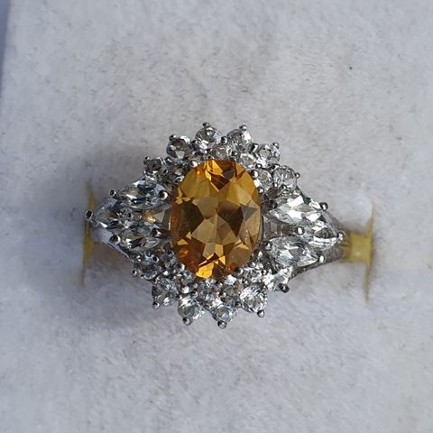 Brazilian Citrine & White Topaz Platinum Plated Silver 925 Sølv Ring Str.55