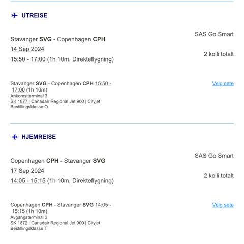 Flybilletter (2pers)  Stavanger - København (CPH) t/r