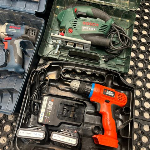 Bosch drill, bosch stikksag, black decker batteridrill