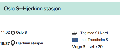 Togbillett Oslo-Hjerkinn 30. august kl 14:02