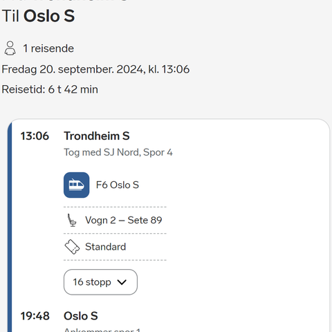 Trondheim-Oslo 20.09.24 togbillett student
