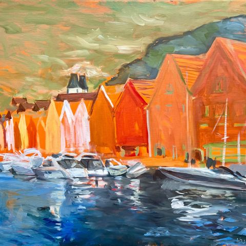 Oljemaleri «Bryggen» 72,5x60 cm