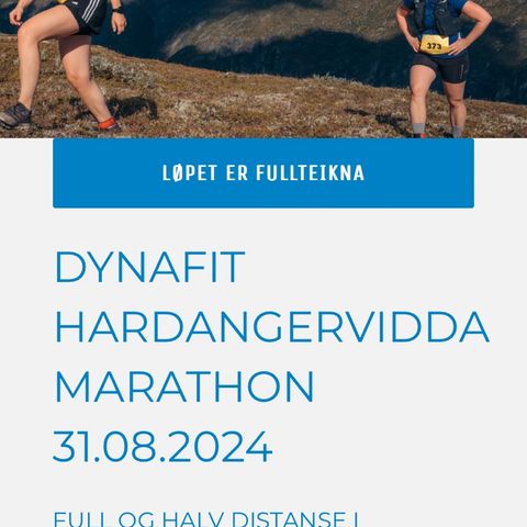 Startnummer og hytte til Hardangervidda halvmaraton