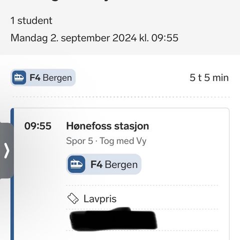 Togbillett: Hønefoss - Bergen 2. september