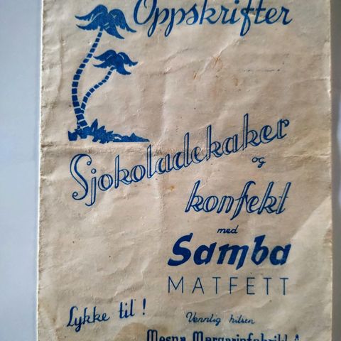 Oppskriftfolder med Samba matfett. Mesna Margarinfabrikk.