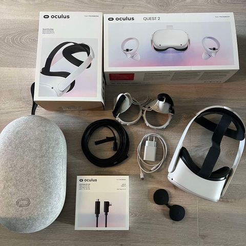 Oculus Quest 2 med mye utstyr! (Link Quest Cable, etui, elite strap...)