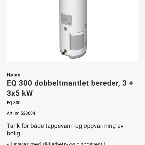 Høyax dobbeltmantel varmtvannsbereder 200 liter til salgs.