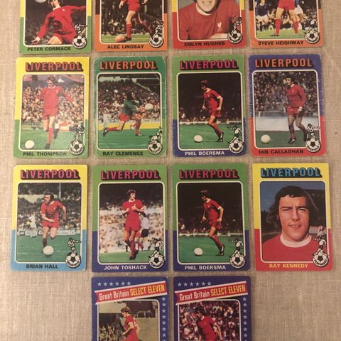 Liverpool - 14 stk Topps 1975 fotballkort