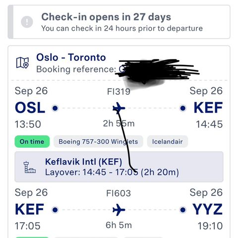 Oslo - Toronto   Toronto Oslo 4 stk.  tur 26/09 retur  05/10