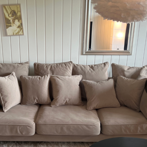 Selger sofa og stol fra Trademax i velour stoff.