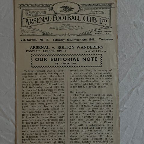 Program  Arsenal - Bolton fra 1946 !! Originalt program !