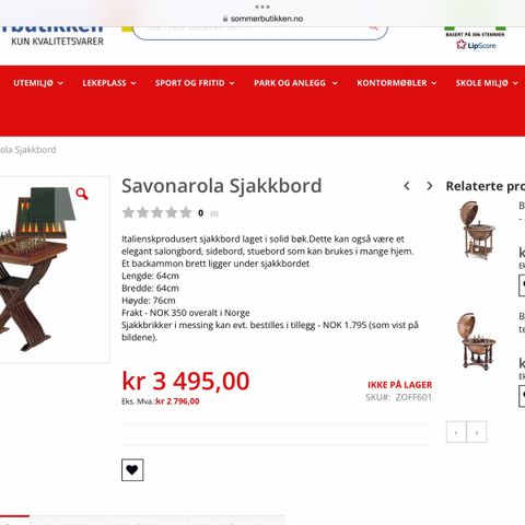 Sjakkbord, stoler og brikker. 4000kr