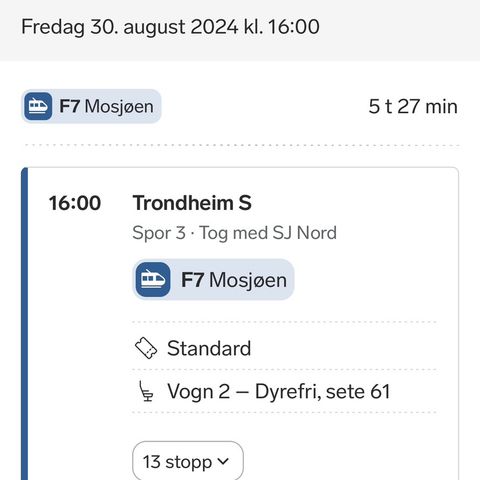 Togbillett TRD-MSJ 20.08.24, 16:00.