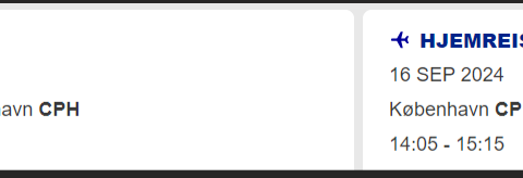 Flybillett tur/retur fra Stavanger til København. 1 pers.