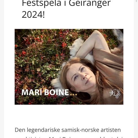 2 konsertbilletter Mari Boine, festspela i Geiranger 28.9.24, selges