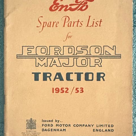 EnFo Spare Parts List for Fordson Major Tractor 1952 / 53