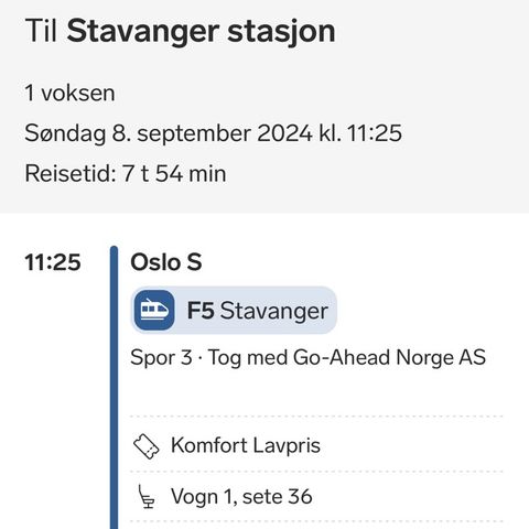 Oslo S - Stavanger togbillett