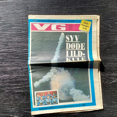 VG avis 29. januar 1986, romfergen Challenger — syv døde i ildkule