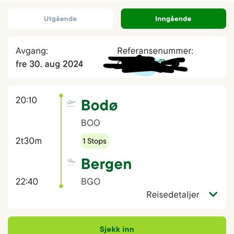 Flybillett Bodø - Bergen I dag 30. august