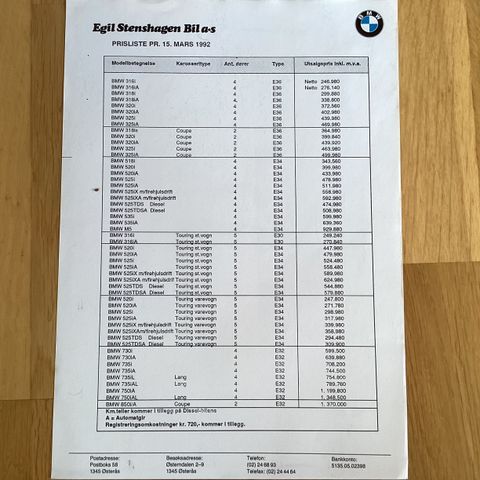 BMW prisliste personbiler 1992