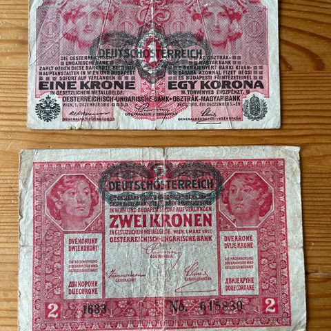 Østerrike 1 krone og 2 kroner.