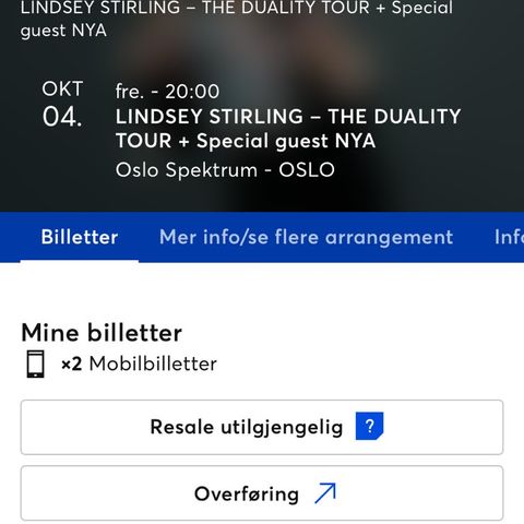 2 billetter Lindsey Stirling Oslo spektrum