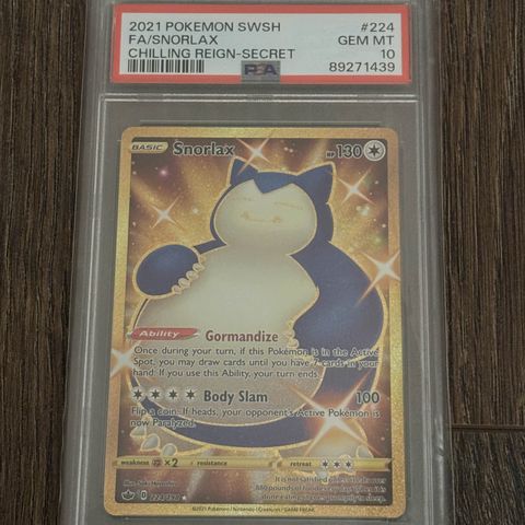 PSA 10 Gold Snorlax - Secret Rare Chilling Reign Pokemon Kort