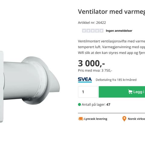 Ventilator med varmegjenvinning