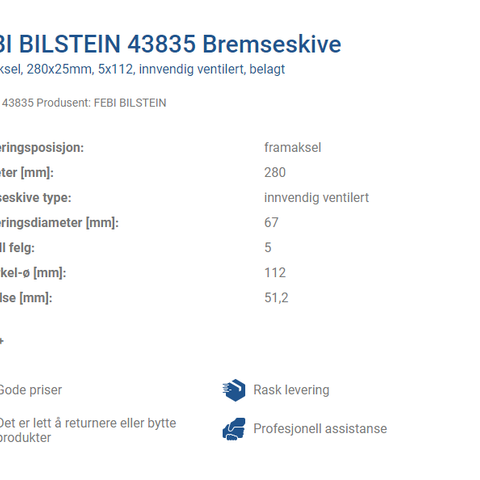 Merchedes  A-klasse bremsekiver 2013 –   Delenummer: 2464210012