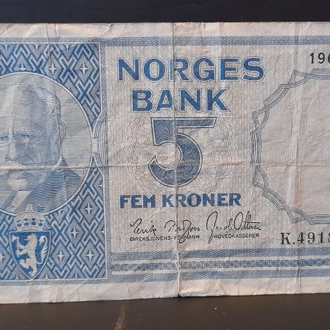 1962 NORSK 5 KRONERS SEDDEL