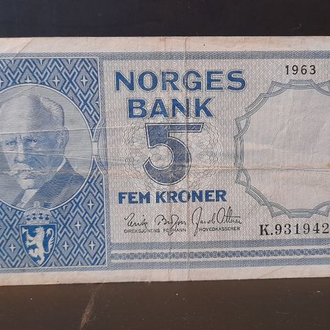 1963 NORSK 5 KRONERS SEDDEL