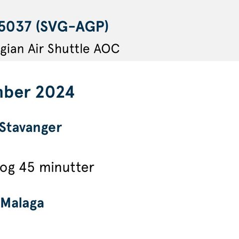 2 stk flybilletter Stavanger - Malaga 12.-17. september