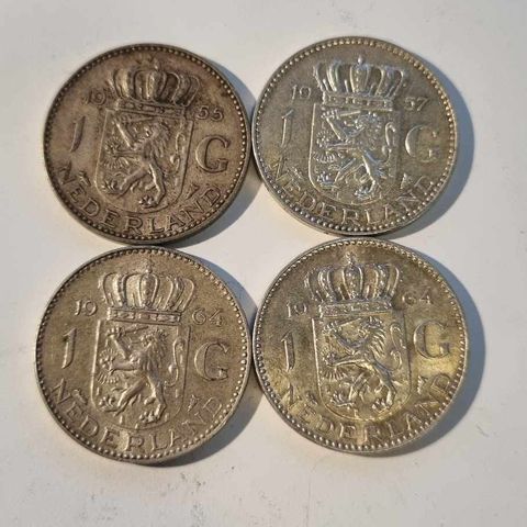 4 stk 1 gulden 1955-1964 Nederland, sølvmynter