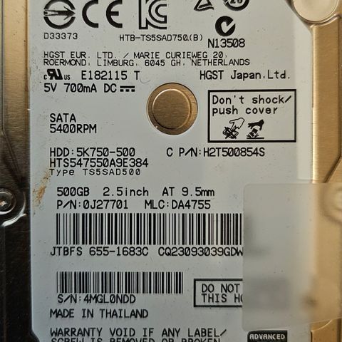 500 GB 2,5" HGST HDD