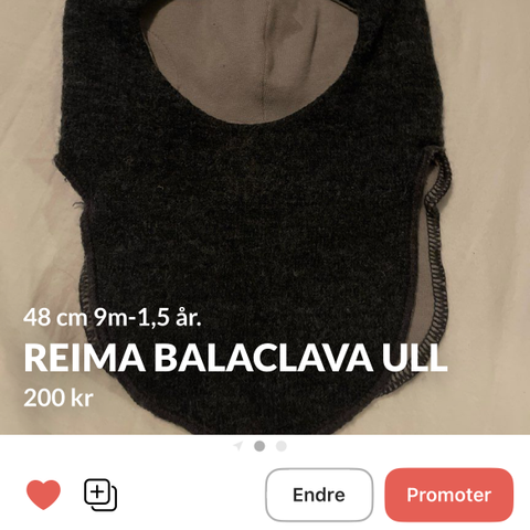 Reima balaclava i ull . Str 44 lue .