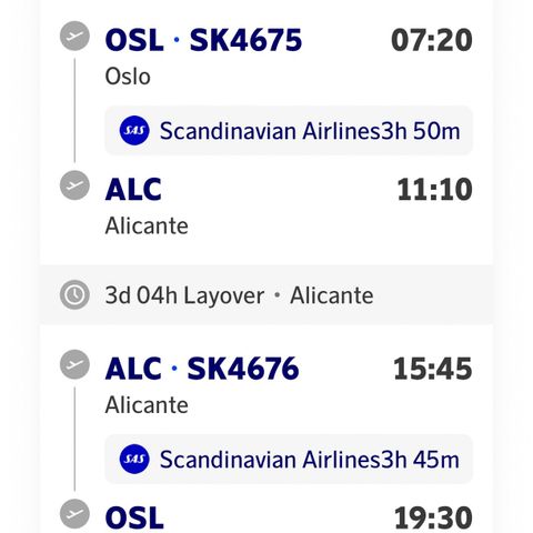 Flybillett SAS: Oslo Alicante 19 okt, retur 22okt, inkl sete og bagasje