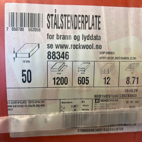 Rockwool 50mm isolasjon 1200x605mm