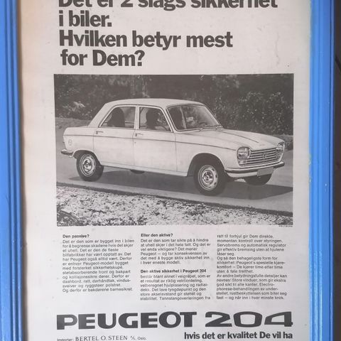 A4 Ramme Med reklame for Peugeot 204 Selges for kr 40