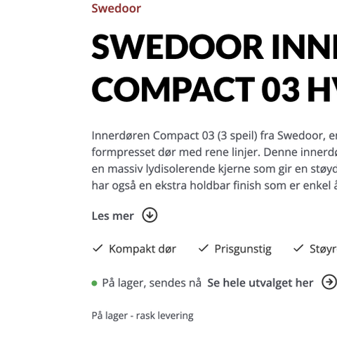 Swedoor innerdør Compact, komplett - NY!