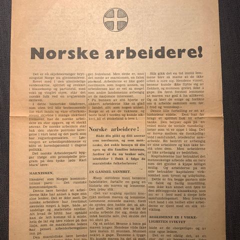 Oppslag/flyveblad , «Norske arbeidere»  i A4 format fra Nasjonal Samling.