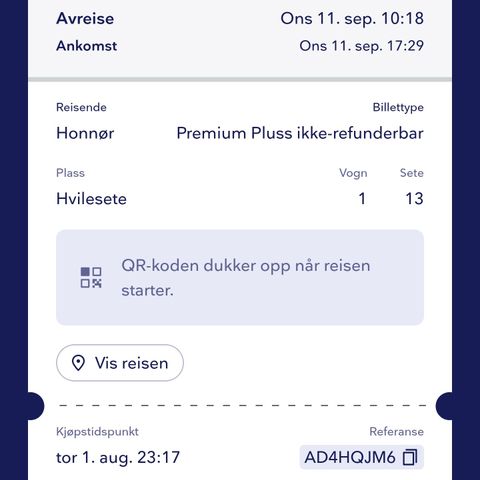 Premium Billetter Trondheim - Oslo t/r  honør