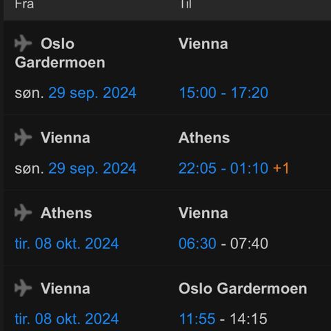 Flybilletter tur/retur Gardermoen-Athen