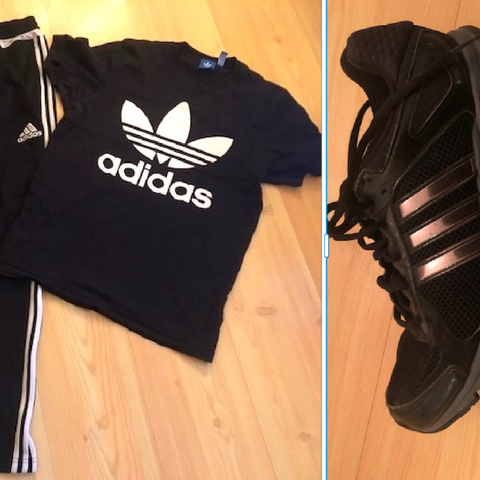 Adidas bukse, t-skjorte str S og joggesko 40