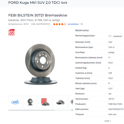 Ford Kuga nye bremseskiver bak 2008-2012 Mk1 SUV TDCi 4x4