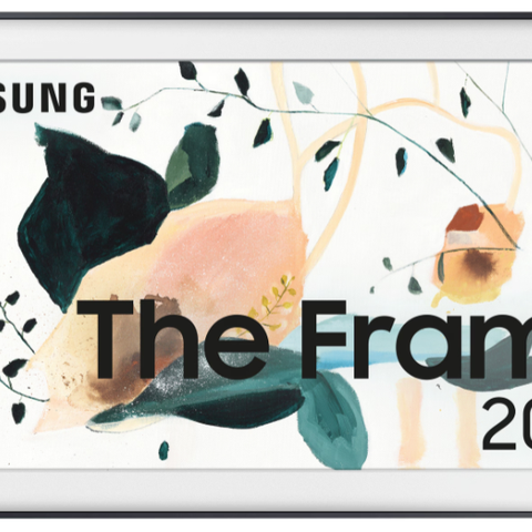 Samsung the Frame 55'' TV (2020) med veggfeste og beige og brun ramme